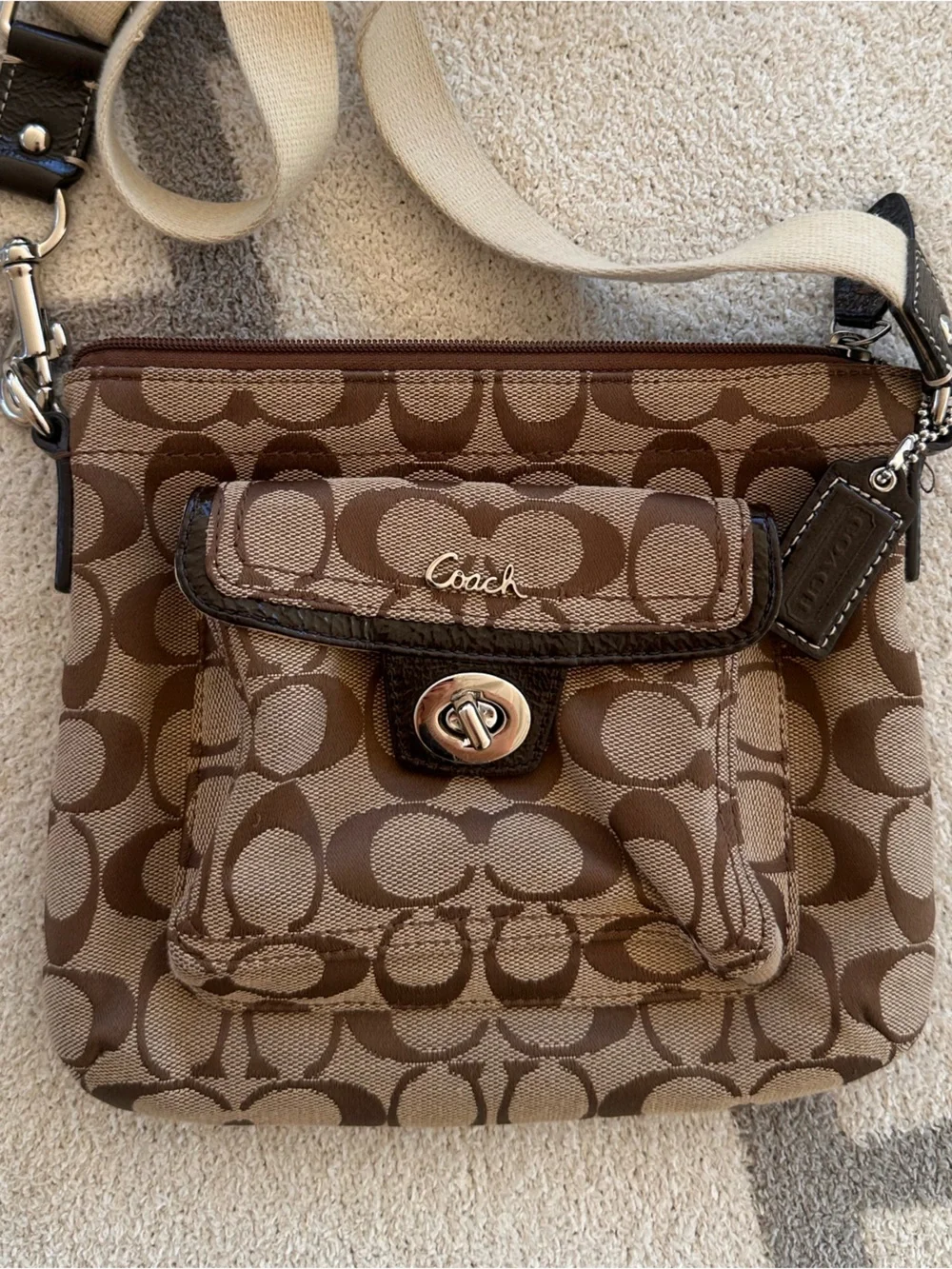 Coach Tan/Chocolate Signature Canvas Crossbody with Turnlock Pocket